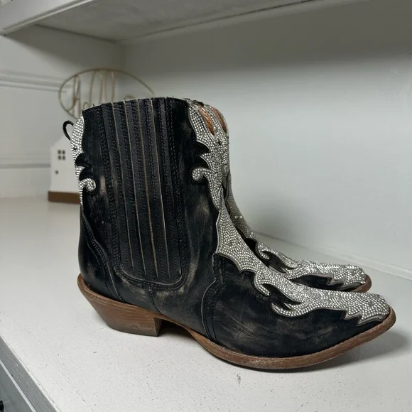 Dan Post Western Ankle Boots Women’s 9.5 Black Leather w/ Silver Inlay Cowboy - Picture 5 of 9